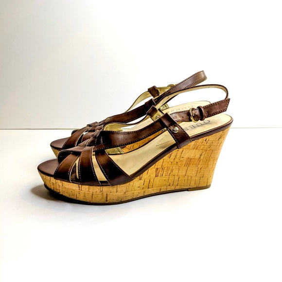 Guess Brown Strappy Cork Wedges Womens 7.5 Vegan Leather Platform Sandals - Picture 3 of 6